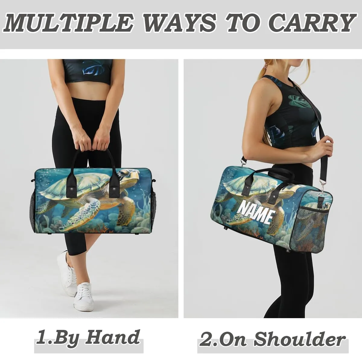 Personalized Sea Turtle Travel Duffel Bag with Name, Custom Gym Sport Bag Underwater World Carry On Weekend Overnight Duffel Bag for Men Women