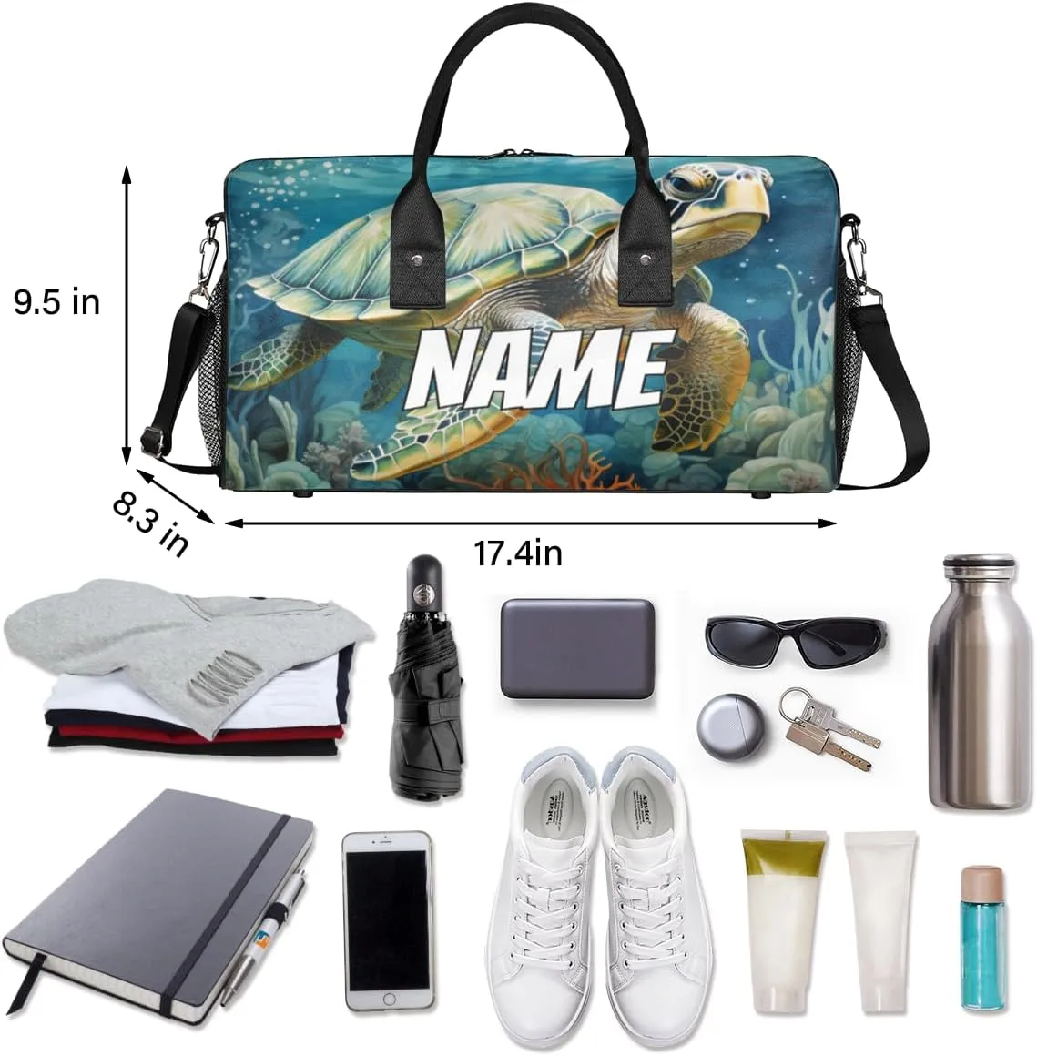 Personalized Sea Turtle Travel Duffel Bag with Name, Custom Gym Sport Bag Underwater World Carry On Weekend Overnight Duffel Bag for Men Women