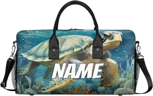 Personalized Sea Turtle Travel Duffel Bag with Name, Custom Gym Sport Bag Underwater World Carry On Weekend Overnight Duffel Bag for Men Women