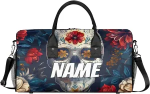 Personalized Skull Floral Travel Duffel Bag with Name, Custom Gym Sport Bag Gothic Skeleton Vintage Carry On Weekend Overnight Duffel Bag for Men Women