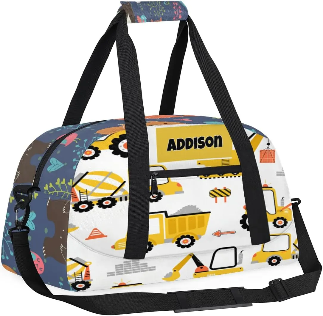 Personalized Sport Boys Gym Bag, Custom Duffle Bag Gym Bag Customized Travel Duffel with Name Text Logo, Excavator Concrete Mixer Loader Truck Cartoon Yellow
