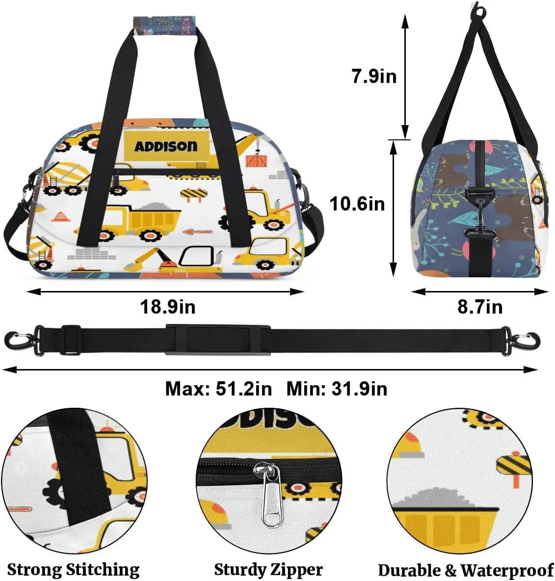 Personalized Sport Boys Gym Bag, Custom Duffle Bag Gym Bag Customized Travel Duffel with Name Text Logo, Excavator Concrete Mixer Loader Truck Cartoon Yellow