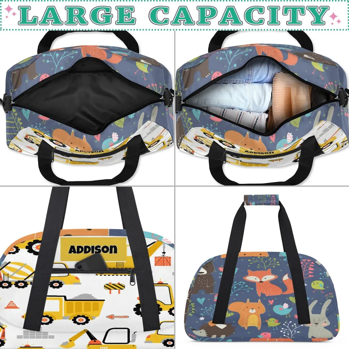 Personalized Sport Boys Gym Bag, Custom Duffle Bag Gym Bag Customized Travel Duffel with Name Text Logo, Excavator Concrete Mixer Loader Truck Cartoon Yellow