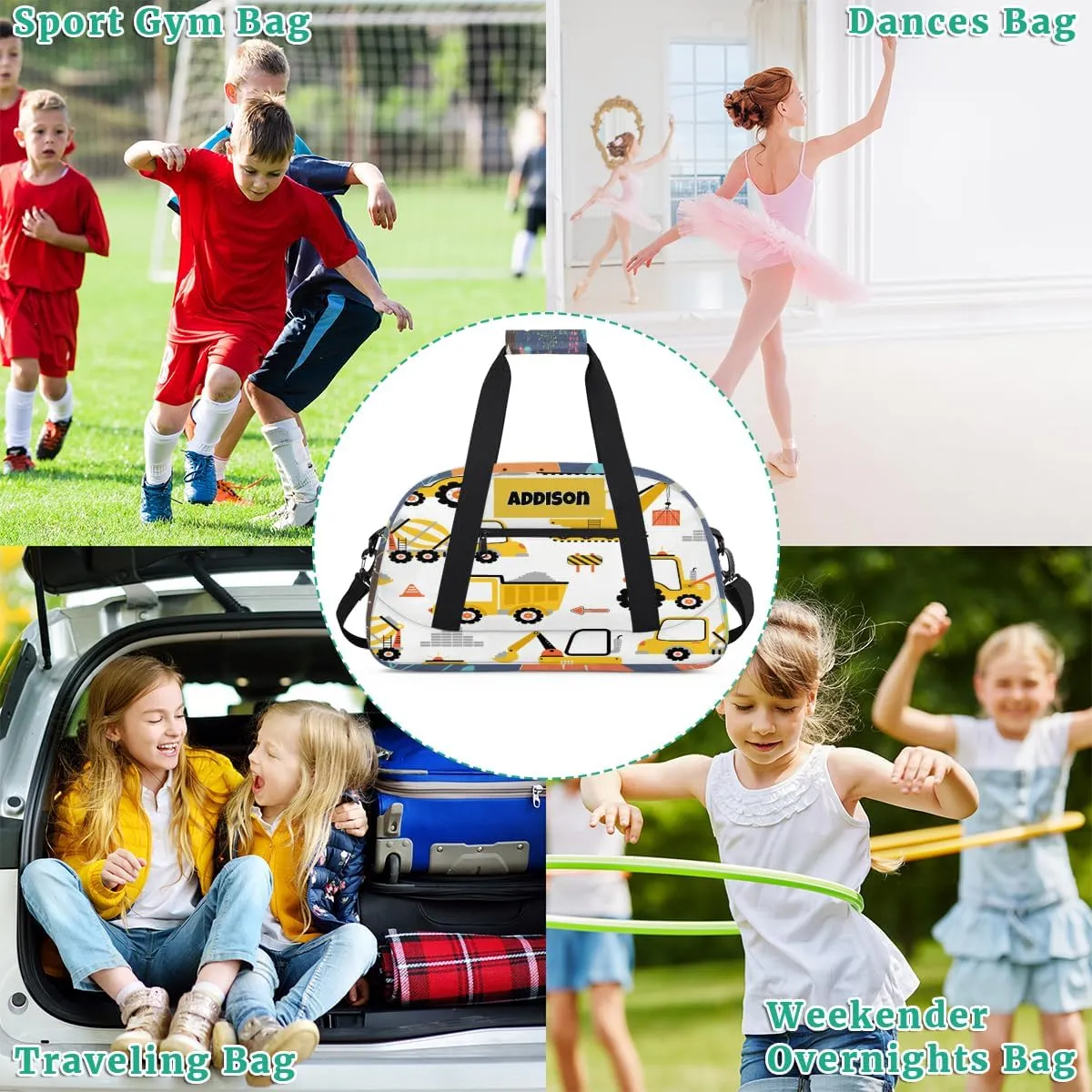 Personalized Sport Boys Gym Bag, Custom Duffle Bag Gym Bag Customized Travel Duffel with Name Text Logo, Excavator Concrete Mixer Loader Truck Cartoon Yellow