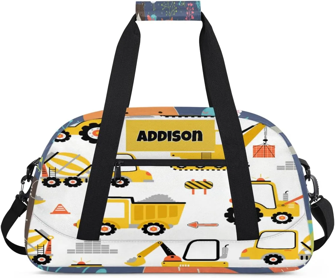 Personalized Sport Boys Gym Bag, Custom Duffle Bag Gym Bag Customized Travel Duffel with Name Text Logo, Excavator Concrete Mixer Loader Truck Cartoon Yellow