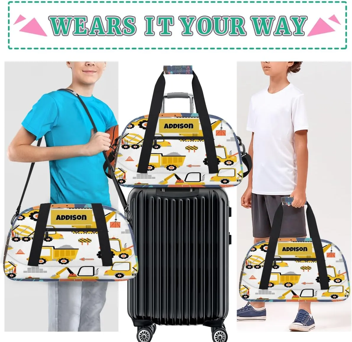 Personalized Sport Boys Gym Bag, Custom Duffle Bag Gym Bag Customized Travel Duffel with Name Text Logo, Excavator Concrete Mixer Loader Truck Cartoon Yellow