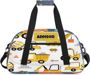 Personalized Sport Boys Gym Bag, Custom Duffle Bag Gym Bag Customized Travel Duffel with Name Text Logo, Excavator Concrete Mixer Loader Truck Cartoon Yellow