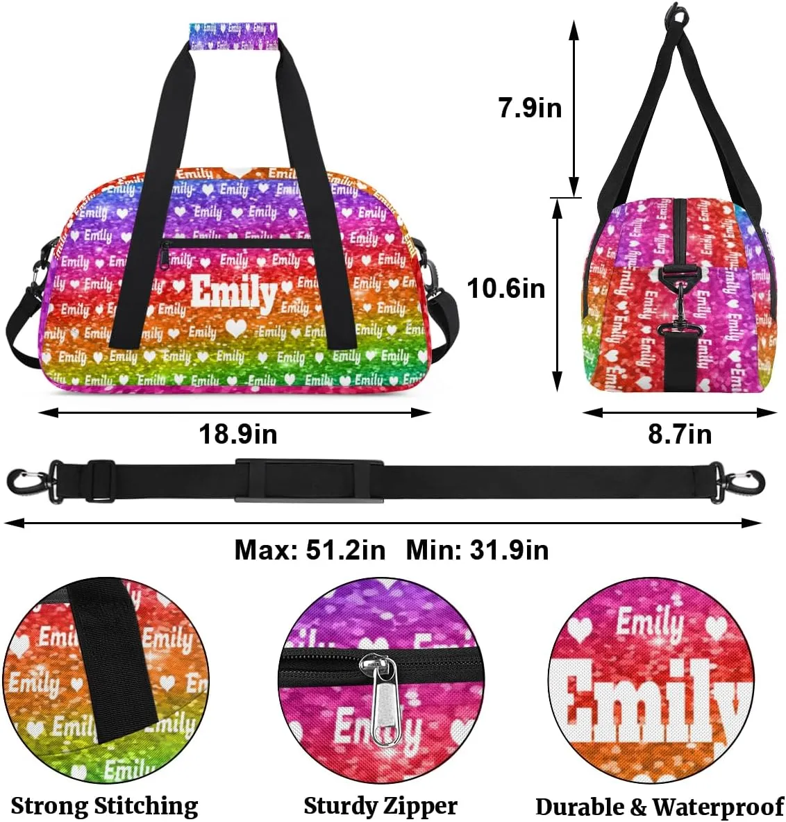 Personalized Sport Dance Bag Custom Duffle Bag, Gym Bag Customized Travel Duffel Bag with Name or Text Love Heart, Bright Rainbow Colorful Glitters