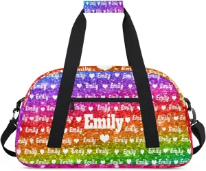 Personalized Sport Dance Bag Custom Duffle Bag, Gym Bag Customized Travel Duffel Bag with Name or Text Love Heart, Bright Rainbow Colorful Glitters