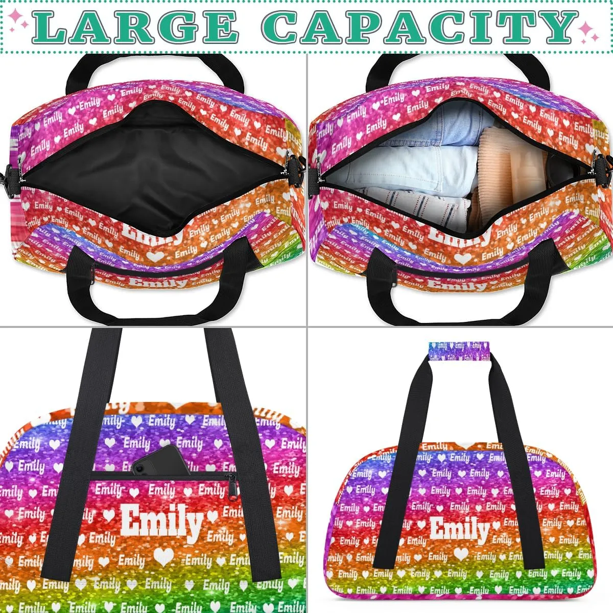Personalized Sport Dance Bag Custom Duffle Bag, Gym Bag Customized Travel Duffel Bag with Name or Text Love Heart, Bright Rainbow Colorful Glitters