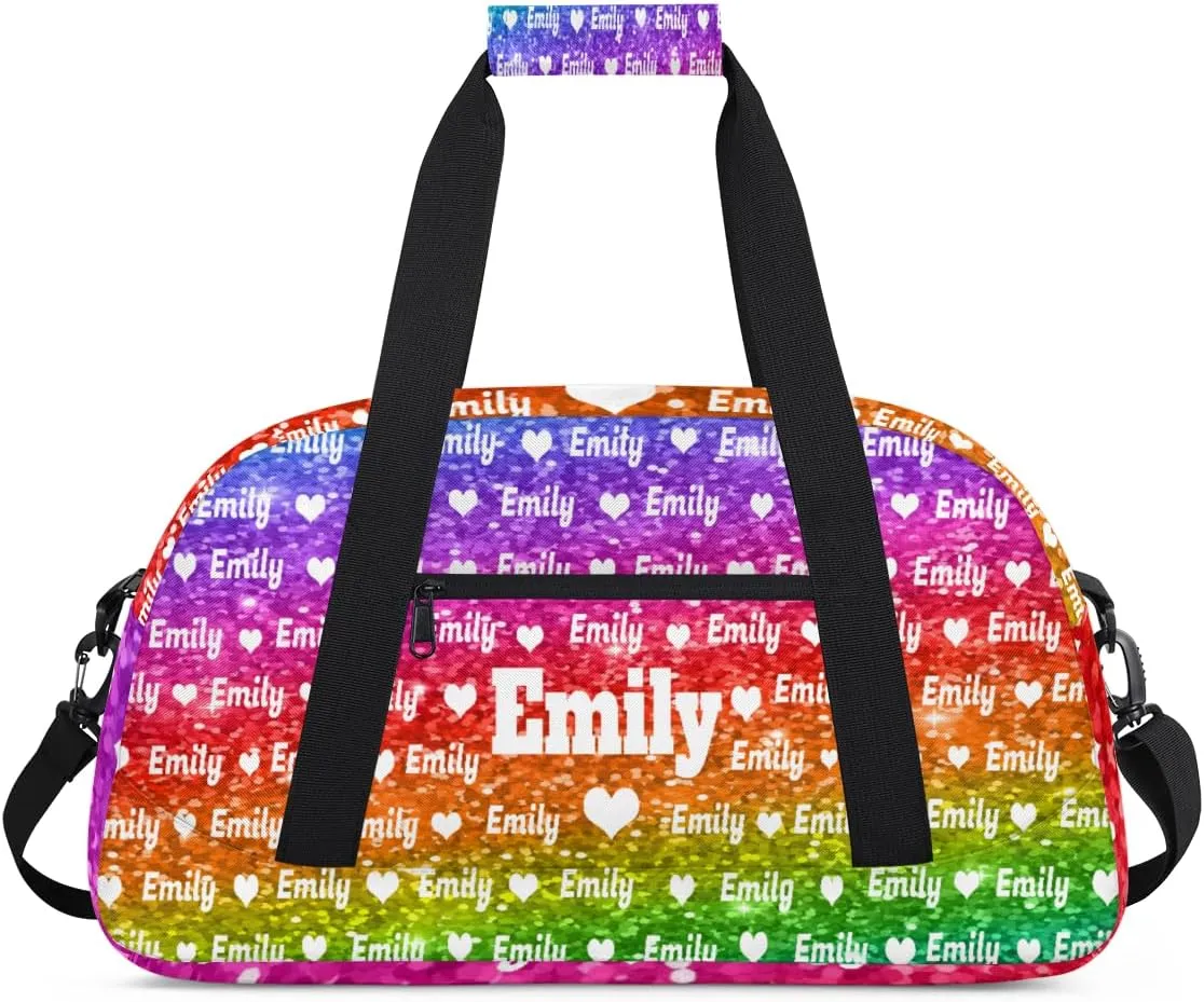 Personalized Sport Dance Bag Custom Duffle Bag, Gym Bag Customized Travel Duffel Bag with Name or Text Love Heart, Bright Rainbow Colorful Glitters