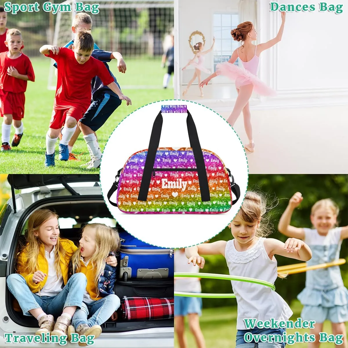 Personalized Sport Dance Bag Custom Duffle Bag, Gym Bag Customized Travel Duffel Bag with Name or Text Love Heart, Bright Rainbow Colorful Glitters