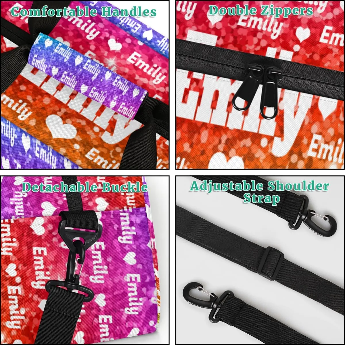 Personalized Sport Dance Bag Custom Duffle Bag, Gym Bag Customized Travel Duffel Bag with Name or Text Love Heart, Bright Rainbow Colorful Glitters