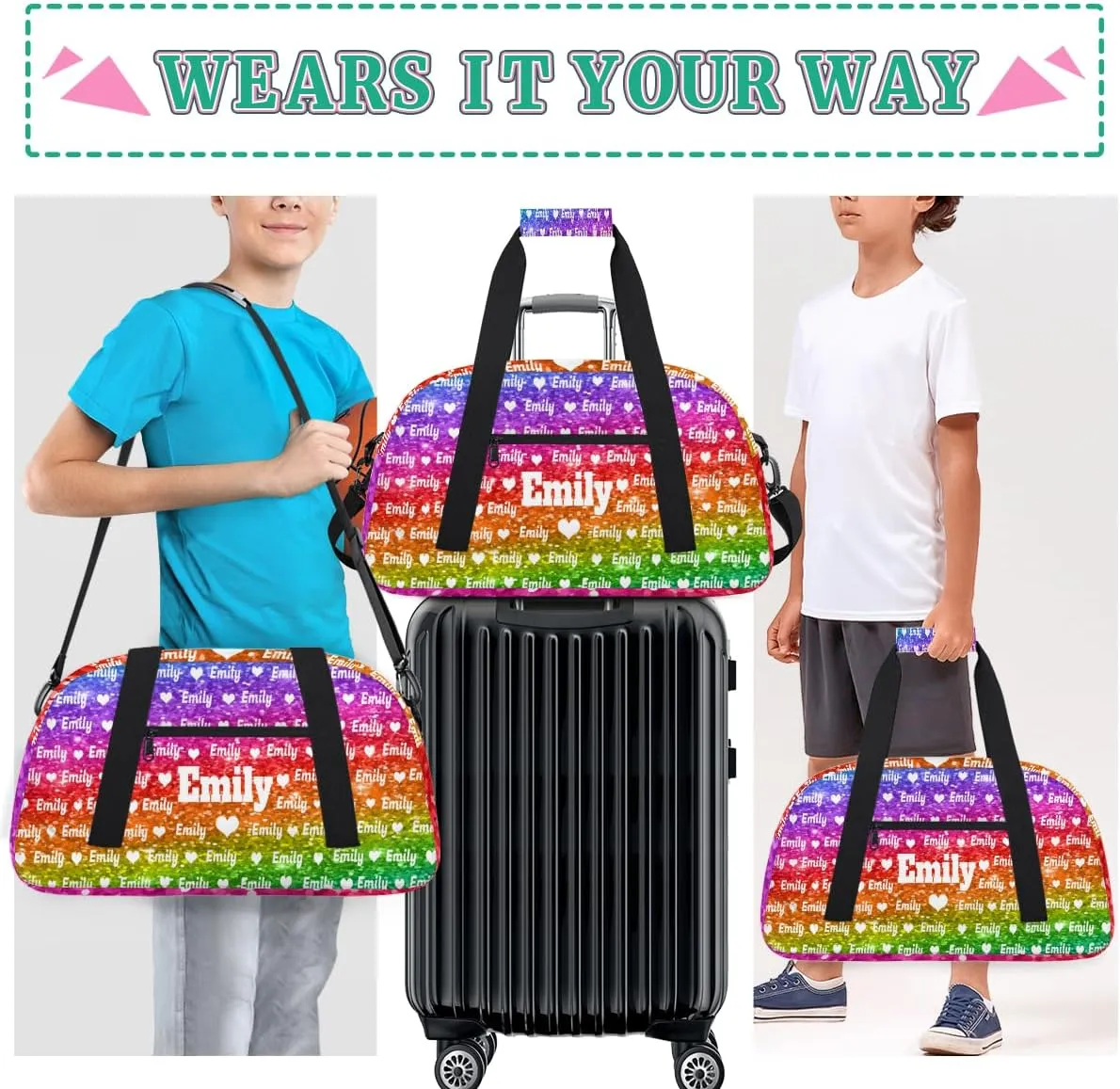 Personalized Sport Dance Bag Custom Duffle Bag, Gym Bag Customized Travel Duffel Bag with Name or Text Love Heart, Bright Rainbow Colorful Glitters