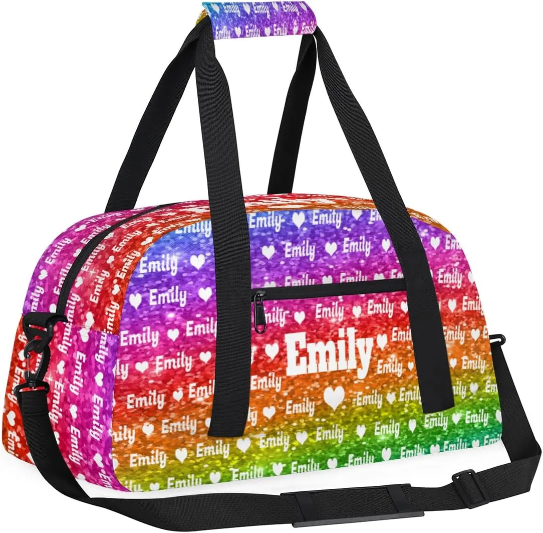 Personalized Sport Dance Bag Custom Duffle Bag, Gym Bag Customized Travel Duffel Bag with Name or Text Love Heart, Bright Rainbow Colorful Glitters