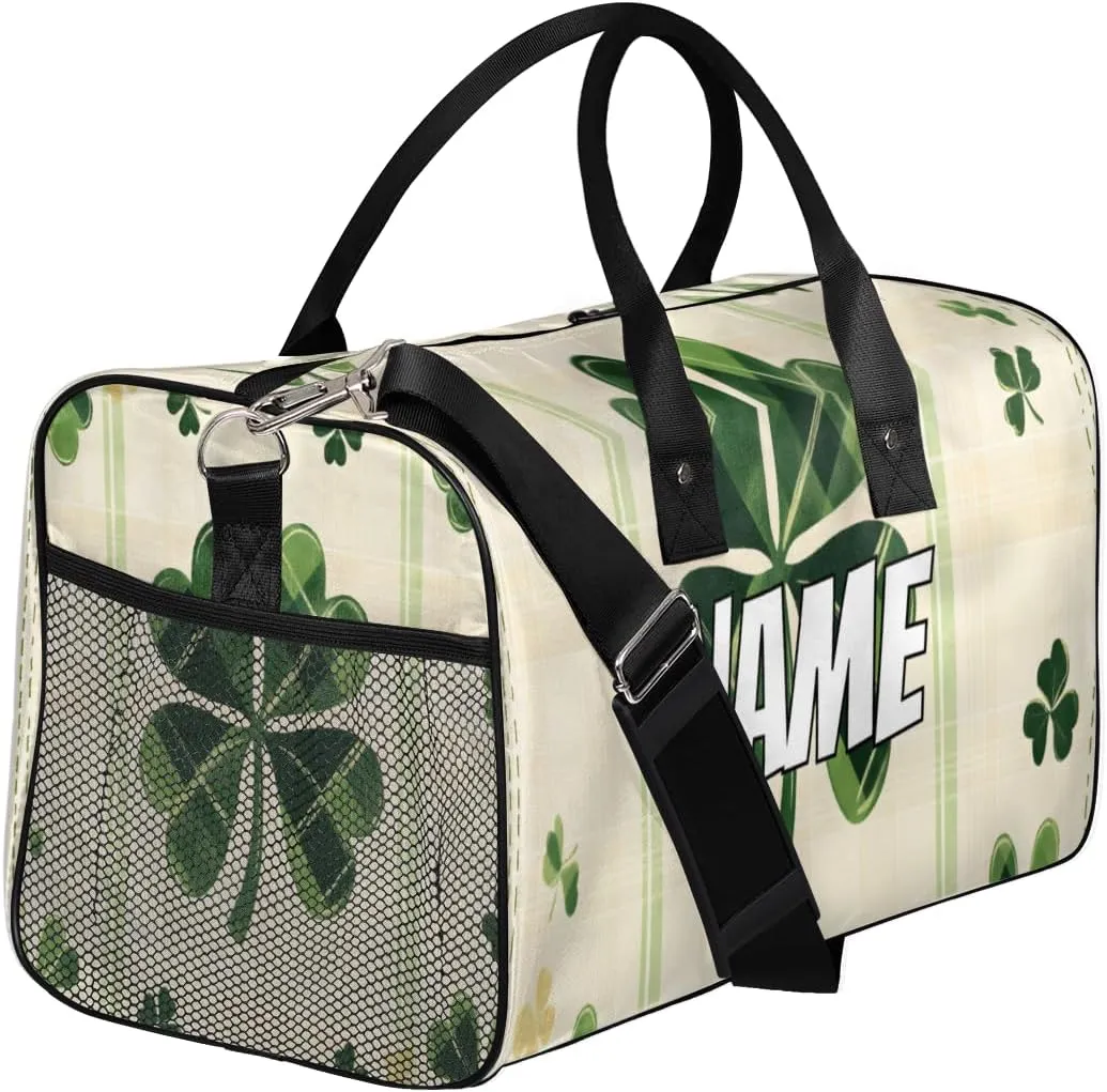 Personalized St. Patricks Day Travel Duffel Bag with Name, Custom Gym Sport Bag Green Clover Carry On Weekend Overnight Duffel Bag for Men Women