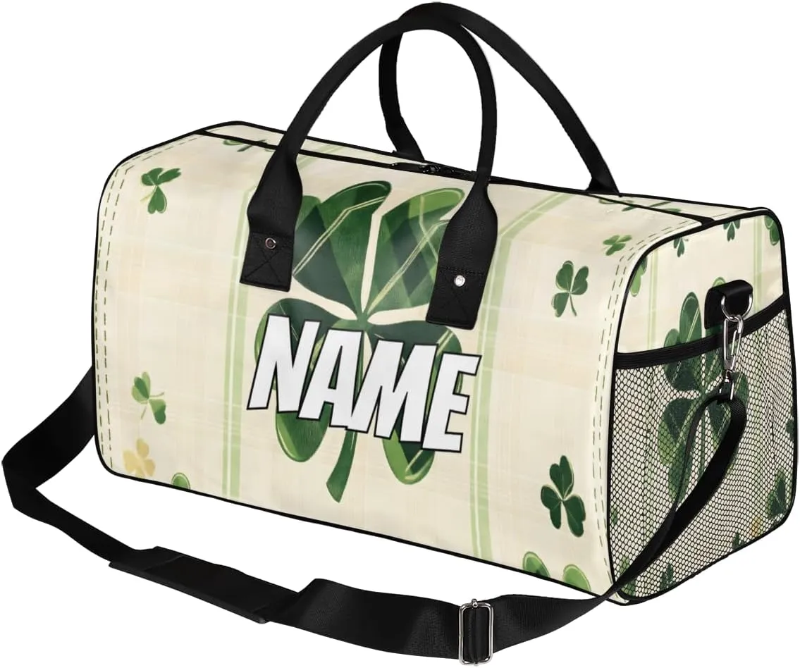 Personalized St. Patricks Day Travel Duffel Bag with Name, Custom Gym Sport Bag Green Clover Carry On Weekend Overnight Duffel Bag for Men Women