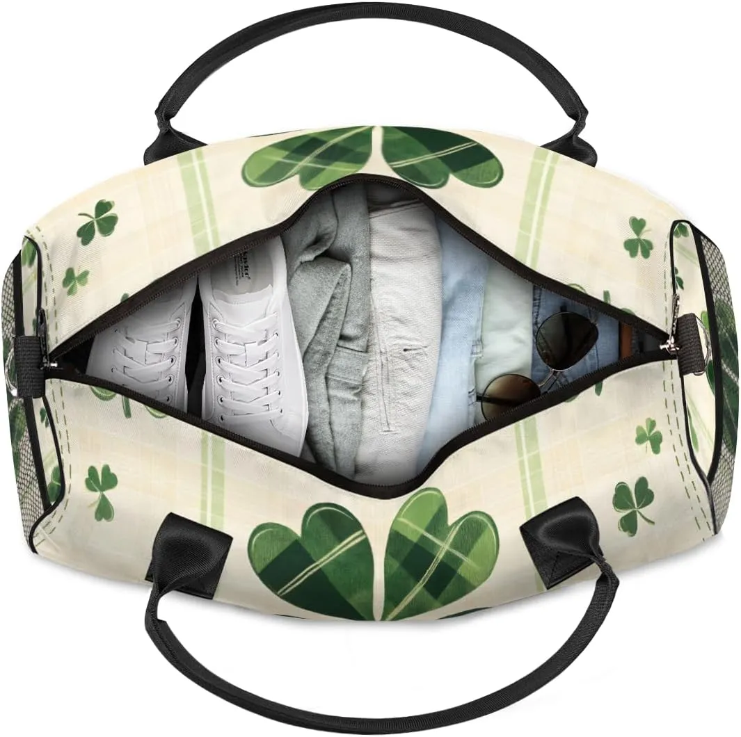 Personalized St. Patricks Day Travel Duffel Bag with Name, Custom Gym Sport Bag Green Clover Carry On Weekend Overnight Duffel Bag for Men Women