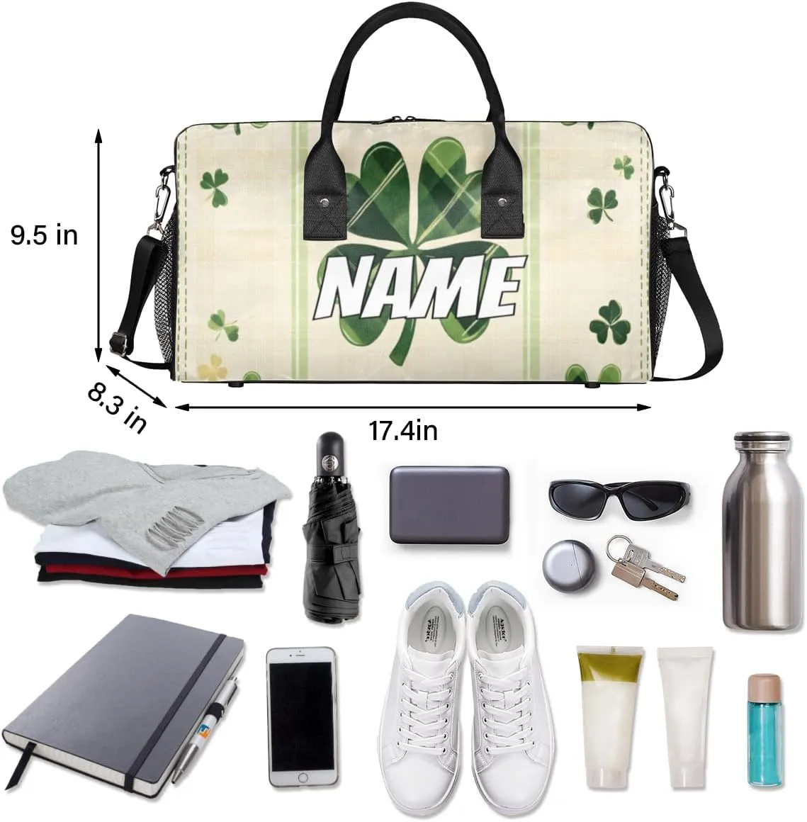 Personalized St. Patricks Day Travel Duffel Bag with Name, Custom Gym Sport Bag Green Clover Carry On Weekend Overnight Duffel Bag for Men Women