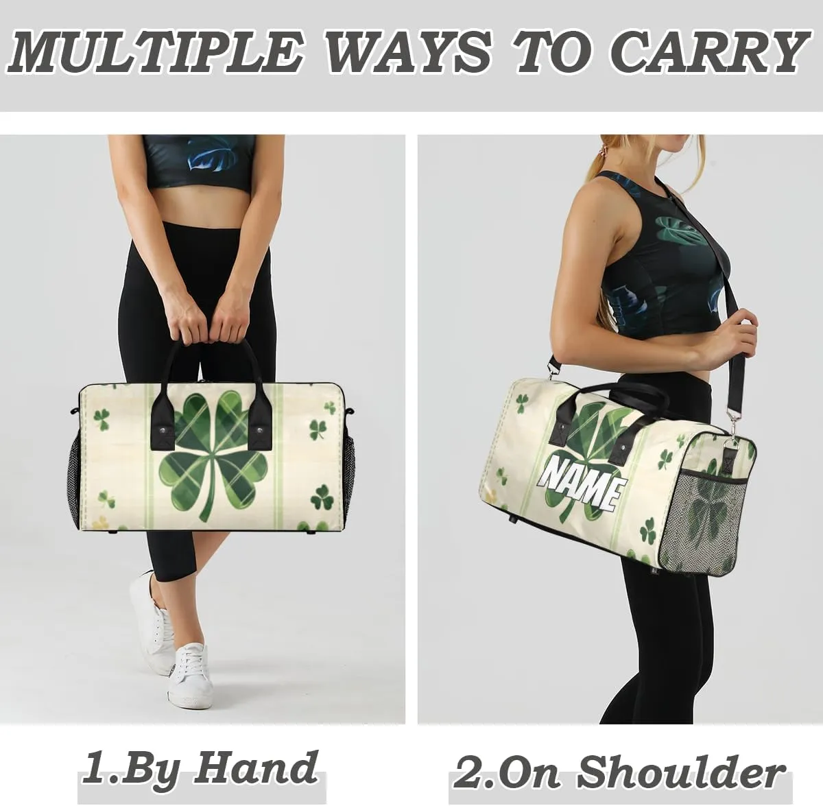 Personalized St. Patricks Day Travel Duffel Bag with Name, Custom Gym Sport Bag Green Clover Carry On Weekend Overnight Duffel Bag for Men Women