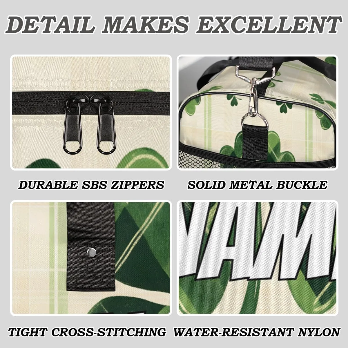 Personalized St. Patricks Day Travel Duffel Bag with Name, Custom Gym Sport Bag Green Clover Carry On Weekend Overnight Duffel Bag for Men Women