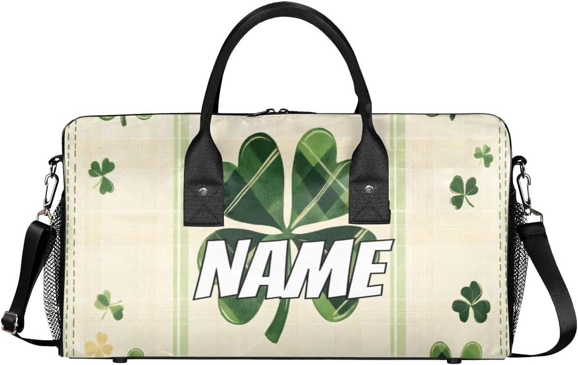 Personalized St. Patricks Day Travel Duffel Bag with Name, Custom Gym Sport Bag Green Clover Carry On Weekend Overnight Duffel Bag for Men Women