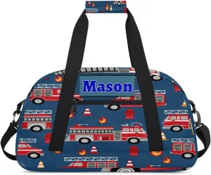 Personalized Teens Bag Sport Duffle Gymnastics Bag Kids Custom Name Carry On Weekend Sports #replace# Travel Bag for Practice, Fire Engine Truck Navy