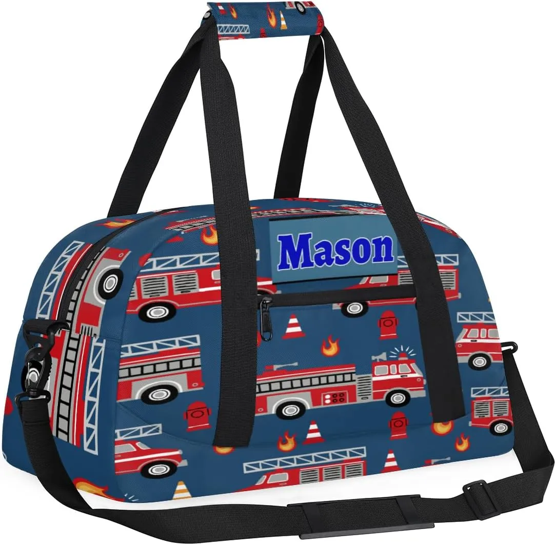 Personalized Teens Bag Sport Duffle Gymnastics Bag Kids Custom Name Carry On Weekend Sports #replace# Travel Bag for Practice, Fire Engine Truck Navy