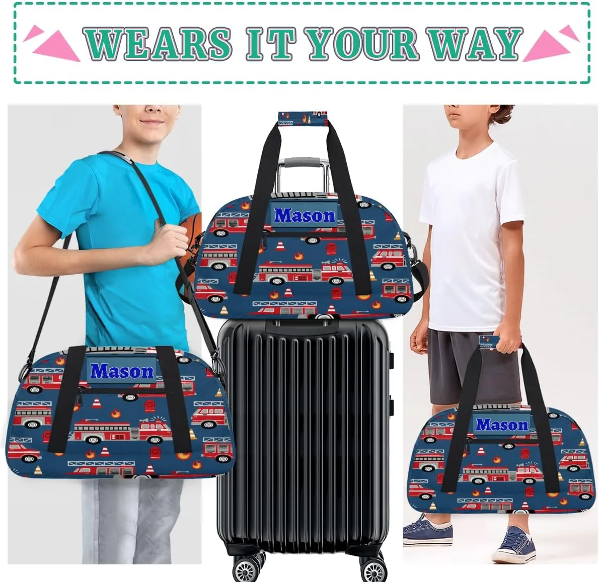 Personalized Teens Bag Sport Duffle Gymnastics Bag Kids Custom Name Carry On Weekend Sports #replace# Travel Bag for Practice, Fire Engine Truck Navy