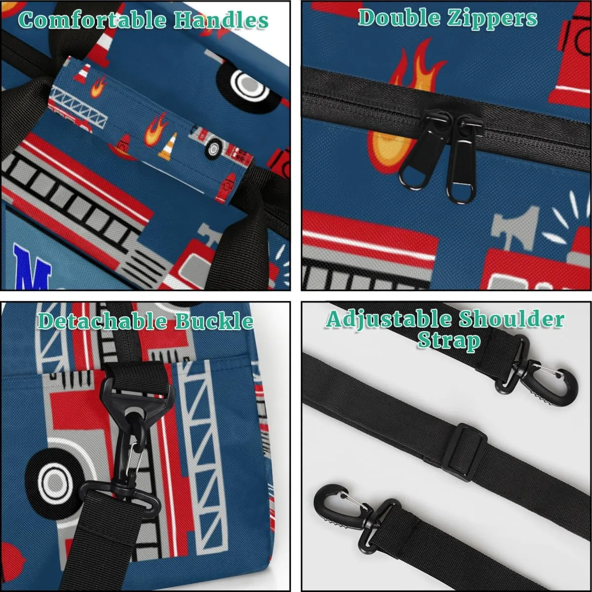 Personalized Teens Bag Sport Duffle Gymnastics Bag Kids Custom Name Carry On Weekend Sports #replace# Travel Bag for Practice, Fire Engine Truck Navy
