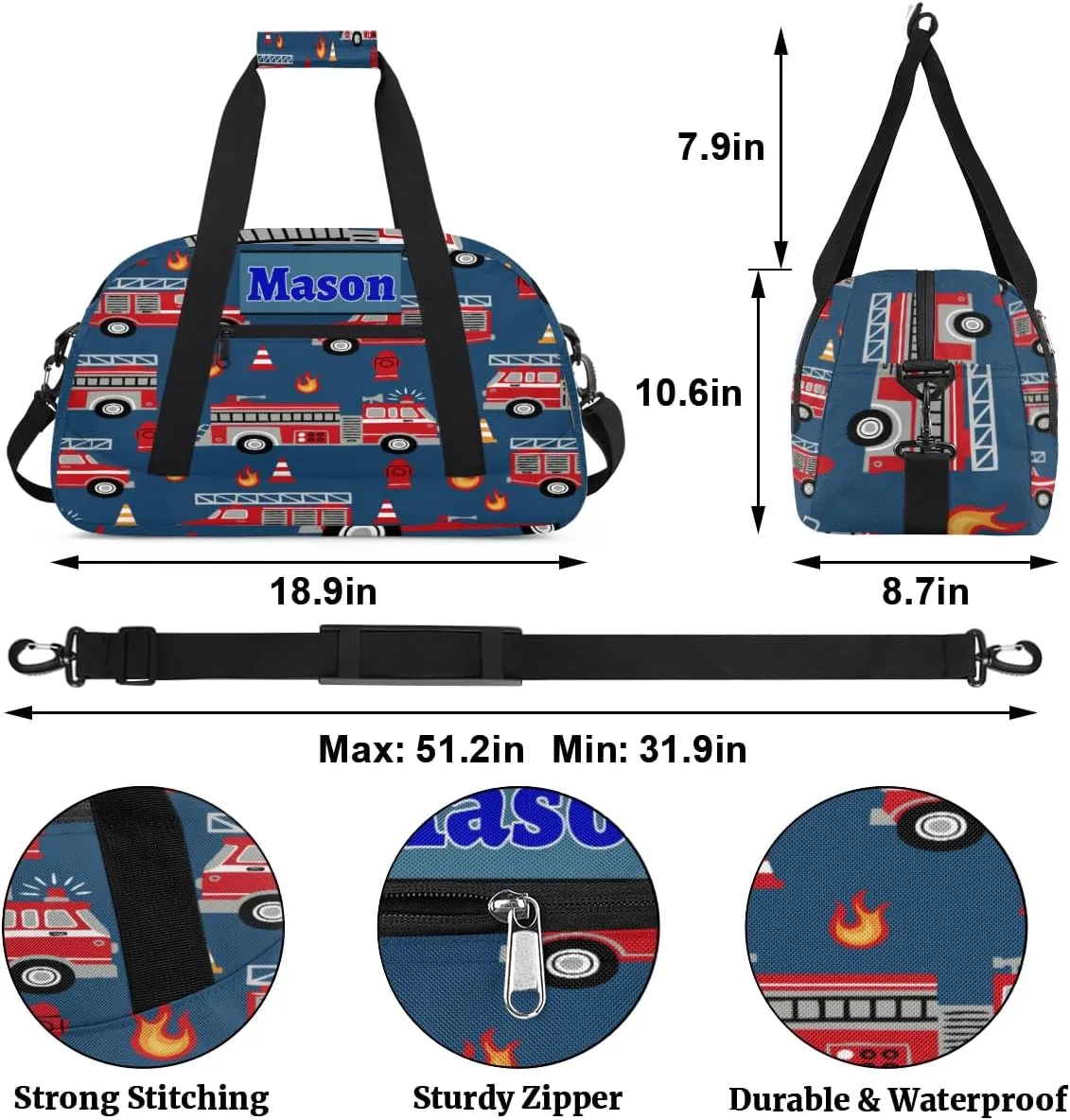 Personalized Teens Bag Sport Duffle Gymnastics Bag Kids Custom Name Carry On Weekend Sports #replace# Travel Bag for Practice, Fire Engine Truck Navy
