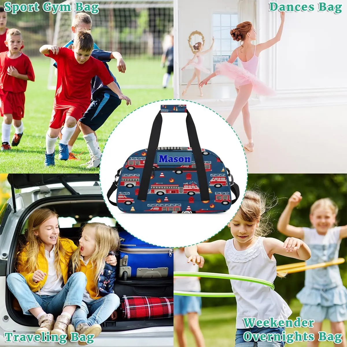 Personalized Teens Bag Sport Duffle Gymnastics Bag Kids Custom Name Carry On Weekend Sports #replace# Travel Bag for Practice, Fire Engine Truck Navy