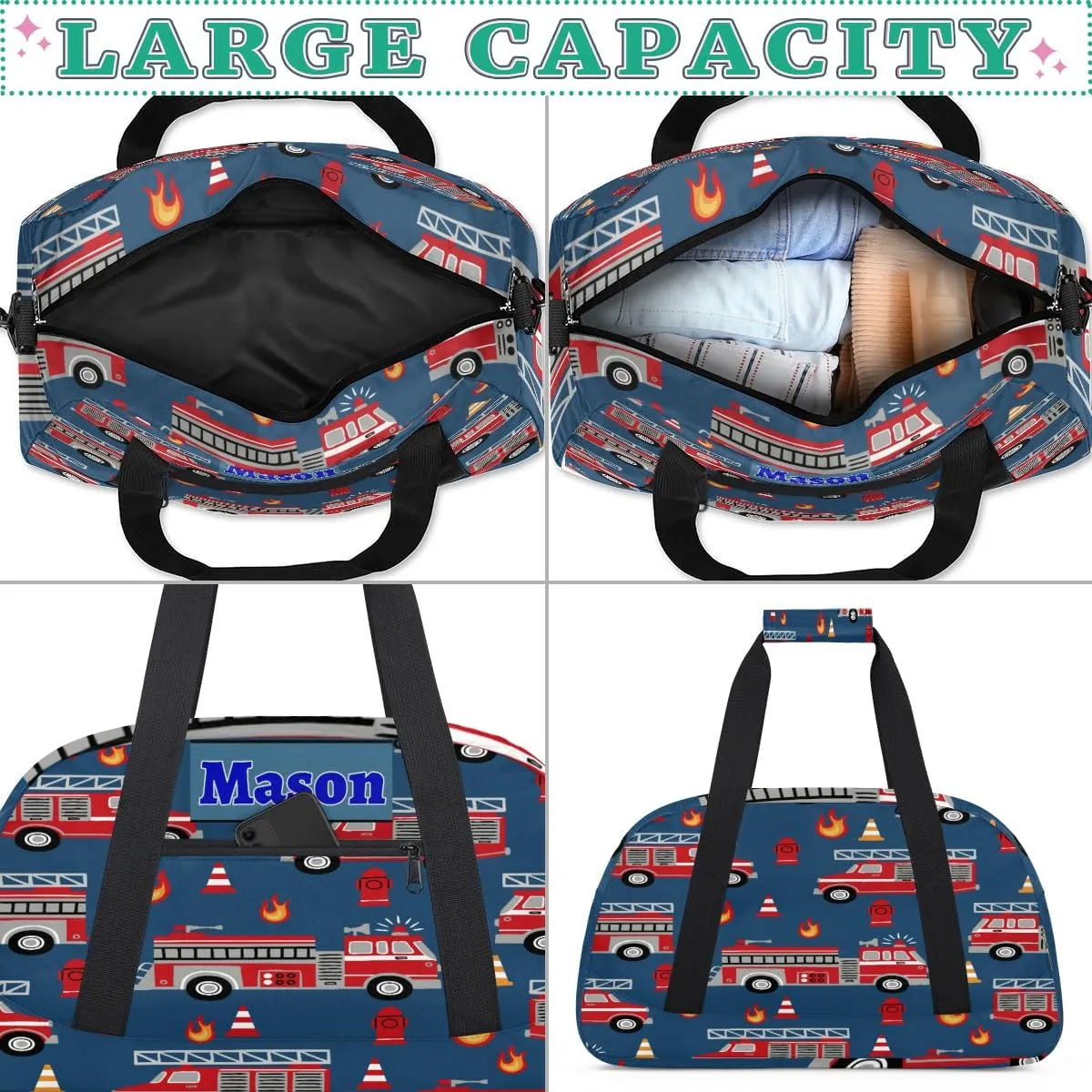 Personalized Teens Bag Sport Duffle Gymnastics Bag Kids Custom Name Carry On Weekend Sports #replace# Travel Bag for Practice, Fire Engine Truck Navy