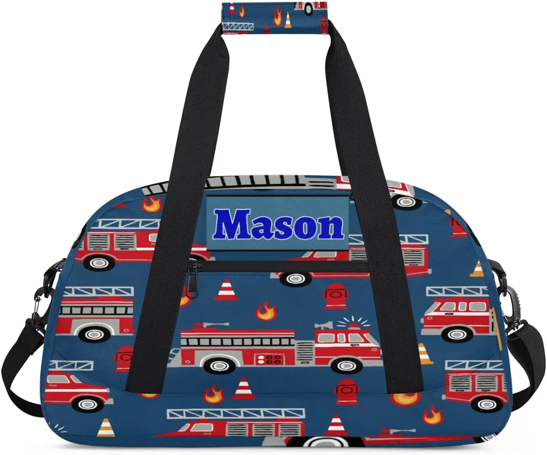 Personalized Teens Bag Sport Duffle Gymnastics Bag Kids Custom Name Carry On Weekend Sports #replace# Travel Bag for Practice, Fire Engine Truck Navy