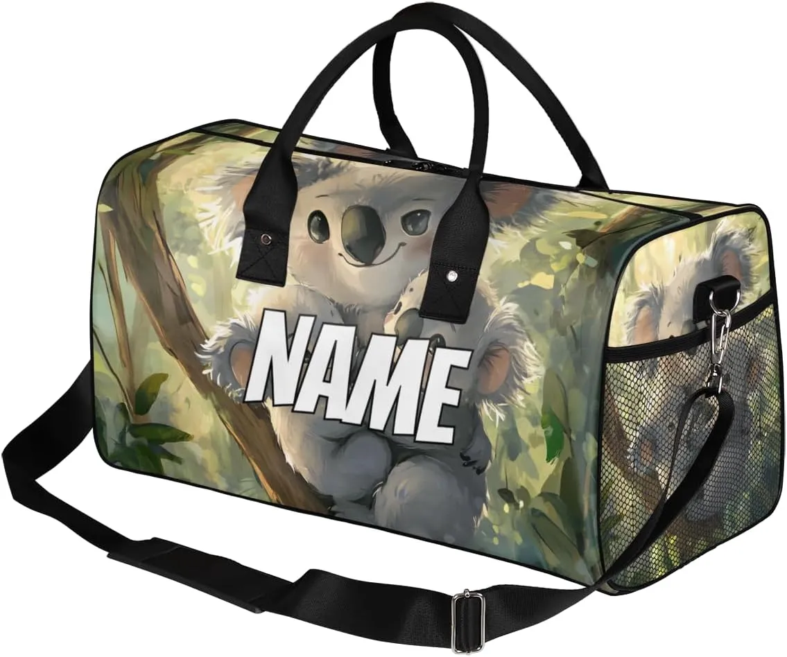 Personalized Tropical Koala Travel Duffel Bag with Name, Custom Gym Sport Bag Jungle Animal Carry On Weekend Overnight Duffel Bag for Men Women