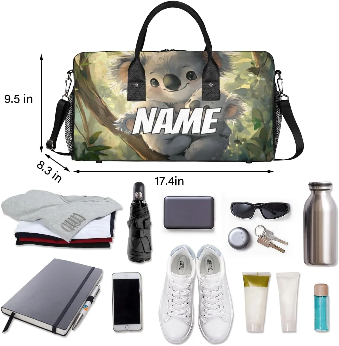 Personalized Tropical Koala Travel Duffel Bag with Name, Custom Gym Sport Bag Jungle Animal Carry On Weekend Overnight Duffel Bag for Men Women
