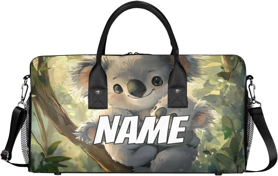 Personalized Tropical Koala Travel Duffel Bag with Name, Custom Gym Sport Bag Jungle Animal Carry On Weekend Overnight Duffel Bag for Men Women