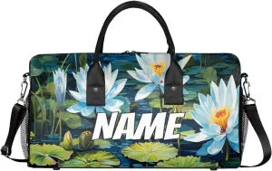 Personalized Water Lily Travel Duffel Bag with Name, Custom Gym Sport Bag Watercolor Art Carry On Weekend Overnight Duffel Bag for Men Women