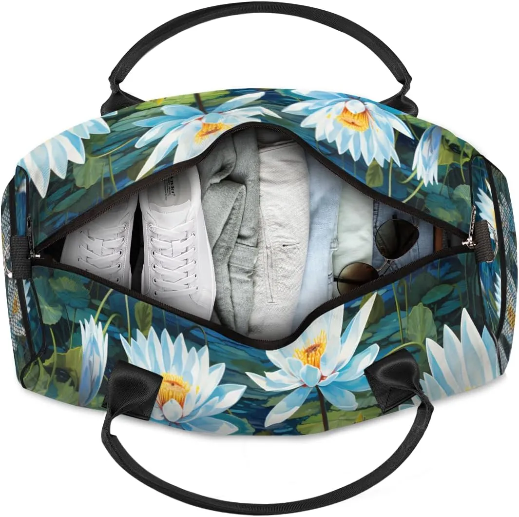 Personalized Water Lily Travel Duffel Bag with Name, Custom Gym Sport Bag Watercolor Art Carry On Weekend Overnight Duffel Bag for Men Women
