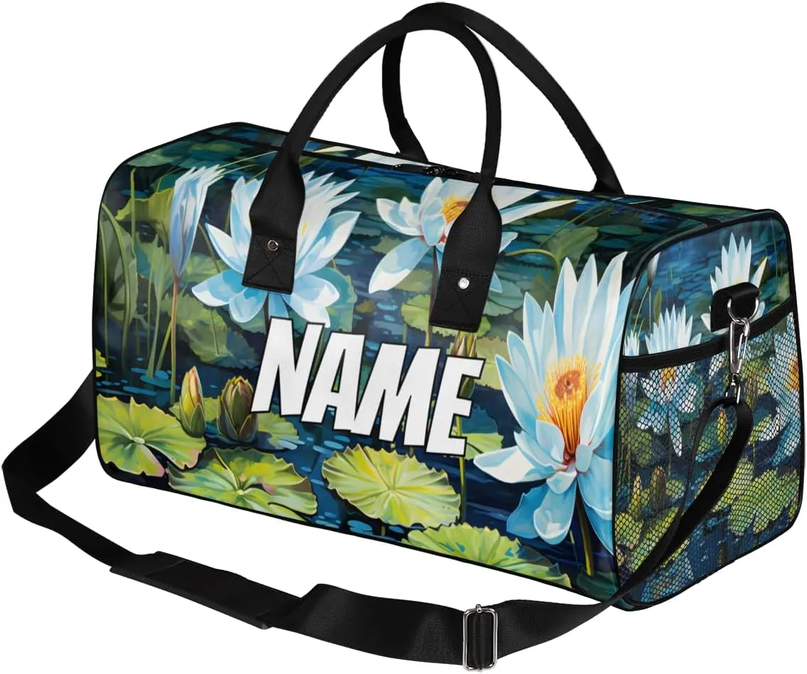 Personalized Water Lily Travel Duffel Bag with Name, Custom Gym Sport Bag Watercolor Art Carry On Weekend Overnight Duffel Bag for Men Women