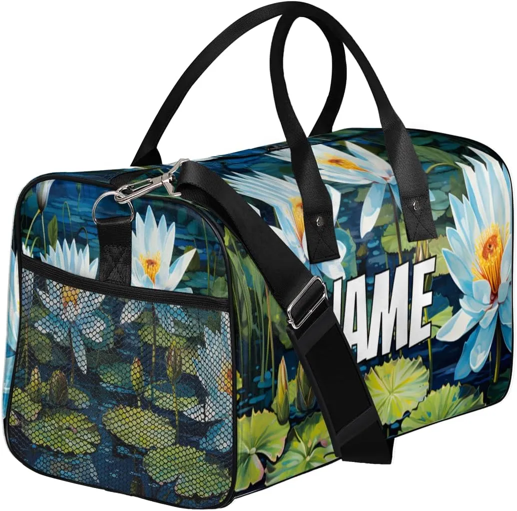 Personalized Water Lily Travel Duffel Bag with Name, Custom Gym Sport Bag Watercolor Art Carry On Weekend Overnight Duffel Bag for Men Women