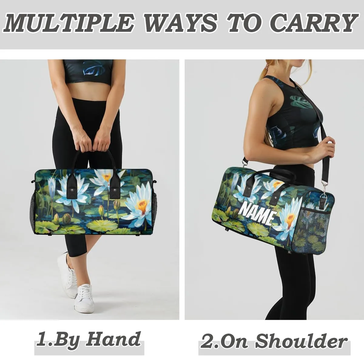 Personalized Water Lily Travel Duffel Bag with Name, Custom Gym Sport Bag Watercolor Art Carry On Weekend Overnight Duffel Bag for Men Women