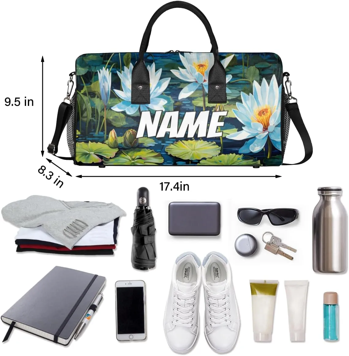 Personalized Water Lily Travel Duffel Bag with Name, Custom Gym Sport Bag Watercolor Art Carry On Weekend Overnight Duffel Bag for Men Women