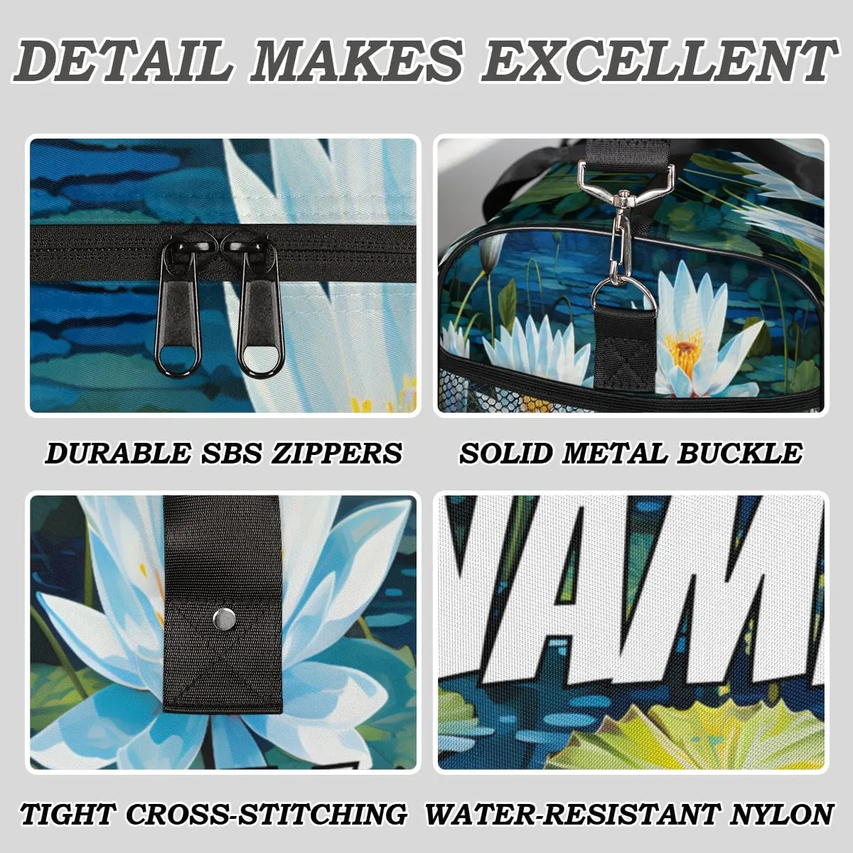 Personalized Water Lily Travel Duffel Bag with Name, Custom Gym Sport Bag Watercolor Art Carry On Weekend Overnight Duffel Bag for Men Women