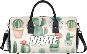Personalized Watercolor Cactus Travel Duffel Bag with Name, Custom Gym Sport Bag Green Cactus Carry On Weekend Overnight Duffel Bag for Men Women