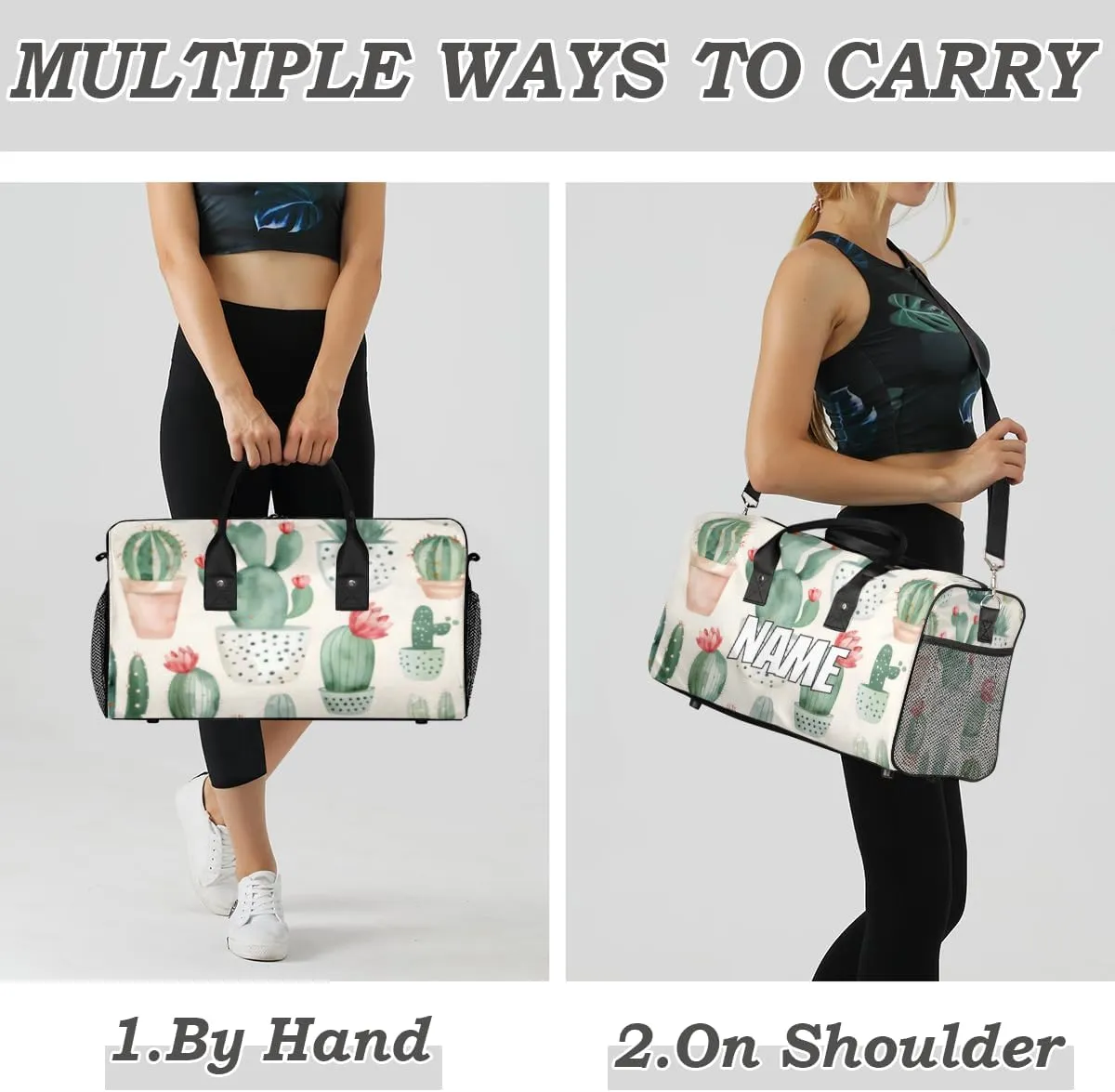 Personalized Watercolor Cactus Travel Duffel Bag with Name, Custom Gym Sport Bag Green Cactus Carry On Weekend Overnight Duffel Bag for Men Women