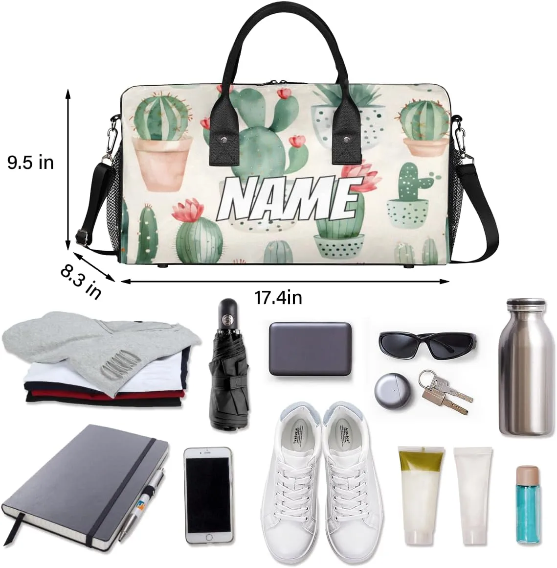Personalized Watercolor Cactus Travel Duffel Bag with Name, Custom Gym Sport Bag Green Cactus Carry On Weekend Overnight Duffel Bag for Men Women