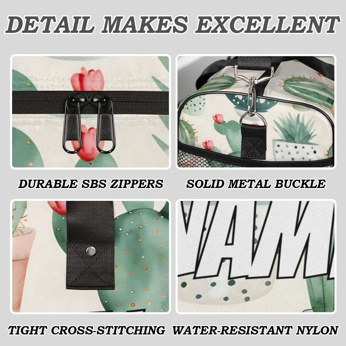 Personalized Watercolor Cactus Travel Duffel Bag with Name, Custom Gym Sport Bag Green Cactus Carry On Weekend Overnight Duffel Bag for Men Women