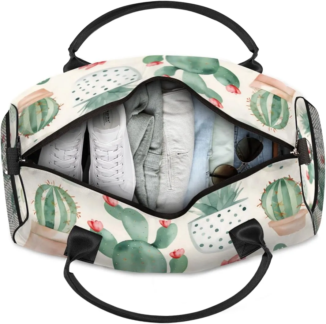 Personalized Watercolor Cactus Travel Duffel Bag with Name, Custom Gym Sport Bag Green Cactus Carry On Weekend Overnight Duffel Bag for Men Women