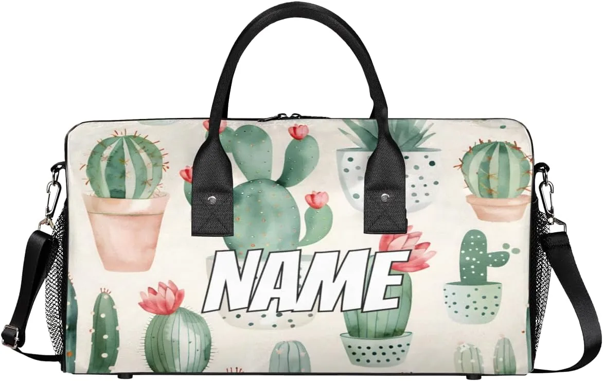 Personalized Watercolor Cactus Travel Duffel Bag with Name, Custom Gym Sport Bag Green Cactus Carry On Weekend Overnight Duffel Bag for Men Women